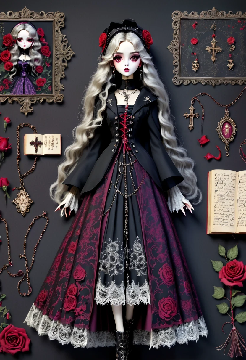 (Gothic character design sheet:1.5),Scary dolls,Red or dark purple lace、Embroidery and other decorations。She was wearing a long black coat and a tight skirt,Show elegant and mysterious temperament。Wearing a silver cross、chain etc..,old magic book,Romantic roses,