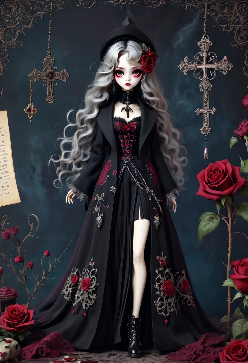 (Gothic character design sheet:1.5),Scary dolls,Red or dark purple lace、Embroidery and other decorations。She was wearing a long black coat and a tight skirt,Show elegant and mysterious temperament。Wearing a silver cross、chain etc..,old magic book,Romantic roses,