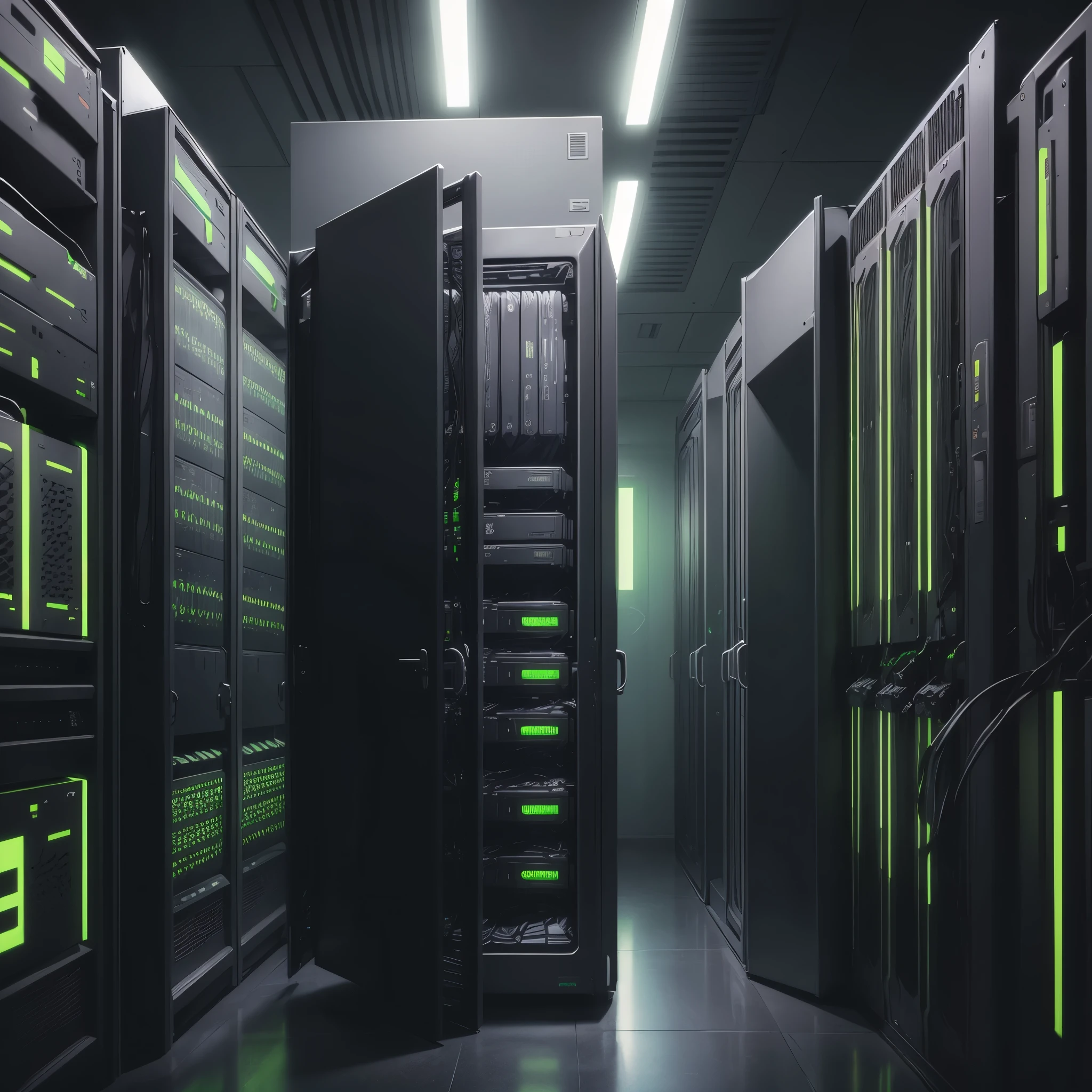 is a dark computer site is full of servers and racks with green lights, no persons, no people, matrix style