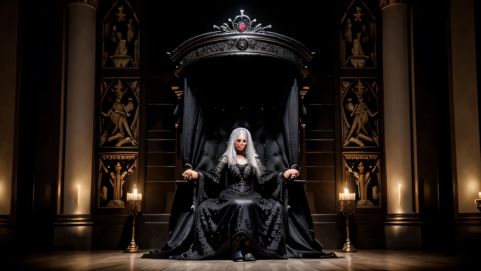bebida eterna da juventude, gothic middle ages, Atraente, lindo, rainha com cabelo branco penteado, sentado no intrincado trono medieval, Corpo todo, vestido de baile preto, quarto escuro grande e intrincado, velhice, with several men around you, Cabelo amarrado ,