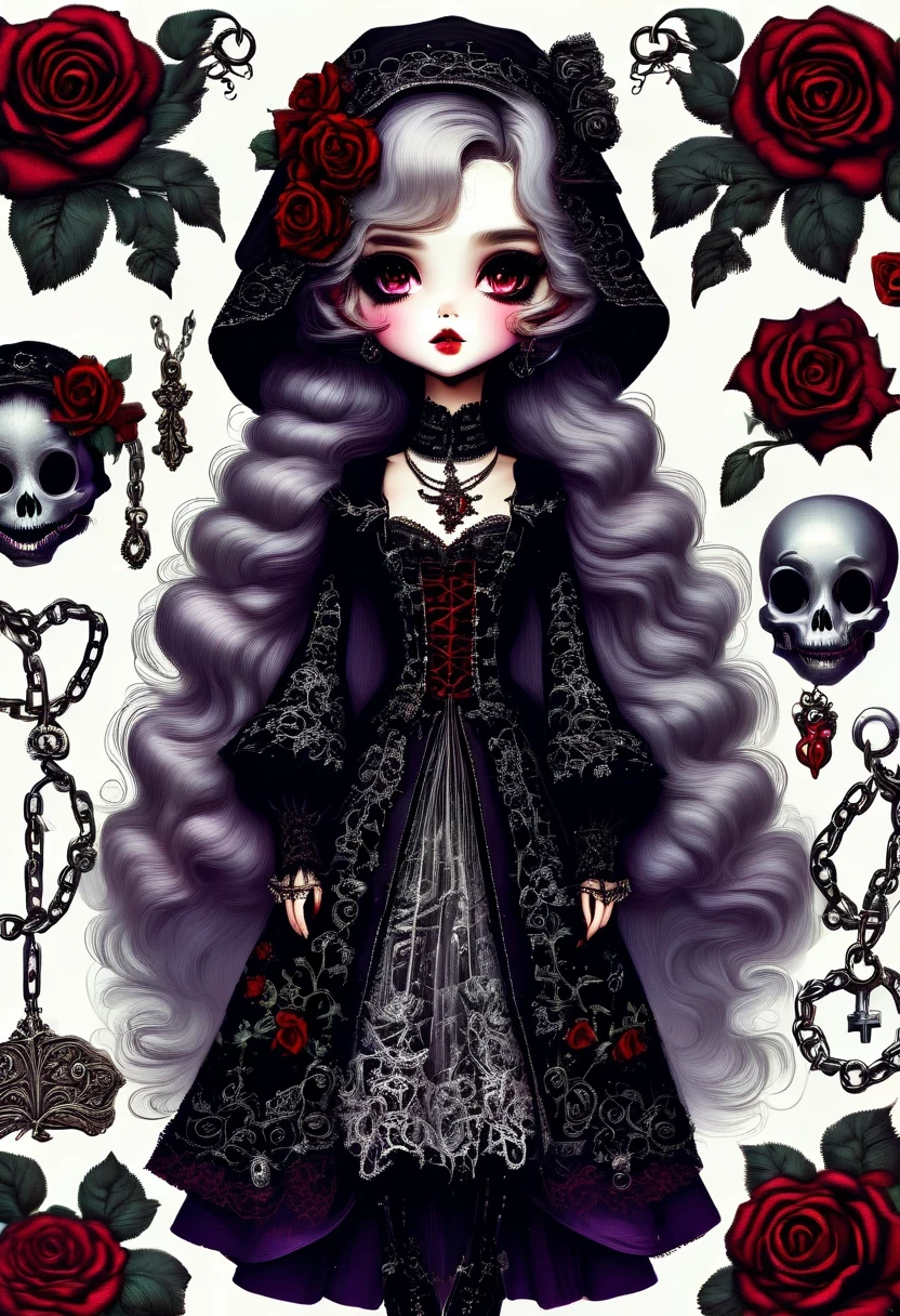 Gothic character design sheet,Scary dolls,Red or dark purple lace、Embroidery and other decorations。She was wearing a long black coat and a tight skirt,Show elegant and mysterious temperament。Wearing a silver cross、chain etc..,old magic book,Romantic roses,