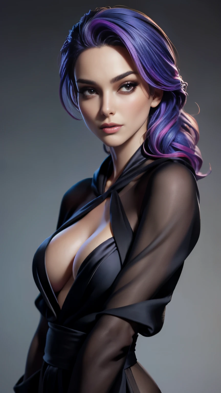 photo of celebrity, RAW, beautiful woman, ((portrait)), ((detailed face, colorful rainbow hair:1.2)), ((detailed facial feature, detailed skin, clear skin, parted lips), (perfect proportioned body, medium breasts, cleavage), (wearing black silk robe: 1.5)), (high detailed bedroom: 1.3), (realistic photo, best quality, detailed), (8k wallpaper), (cinematic lighting, dramatic lighting) (sharp focus, intricate)