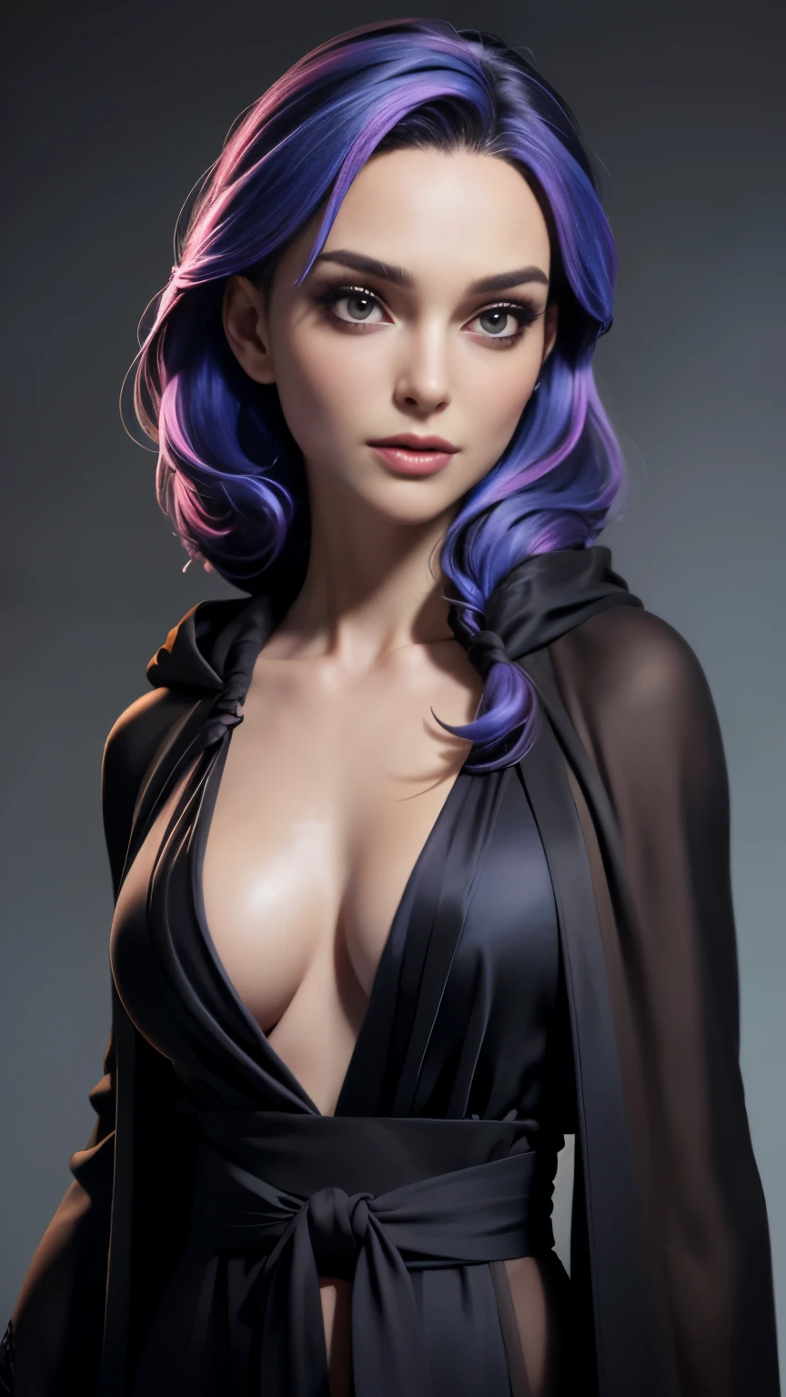 photo of celebrity, RAW, beautiful woman, ((portrait)), ((detailed face, colorful rainbow hair:1.2)), ((detailed facial feature, detailed skin, clear skin, parted lips), (perfect proportioned body, medium breasts, cleavage), (wearing black silk robe: 1.5)), (high detailed bedroom: 1.3), (realistic photo, best quality, detailed), (8k wallpaper), (cinematic lighting, dramatic lighting) (sharp focus, intricate)