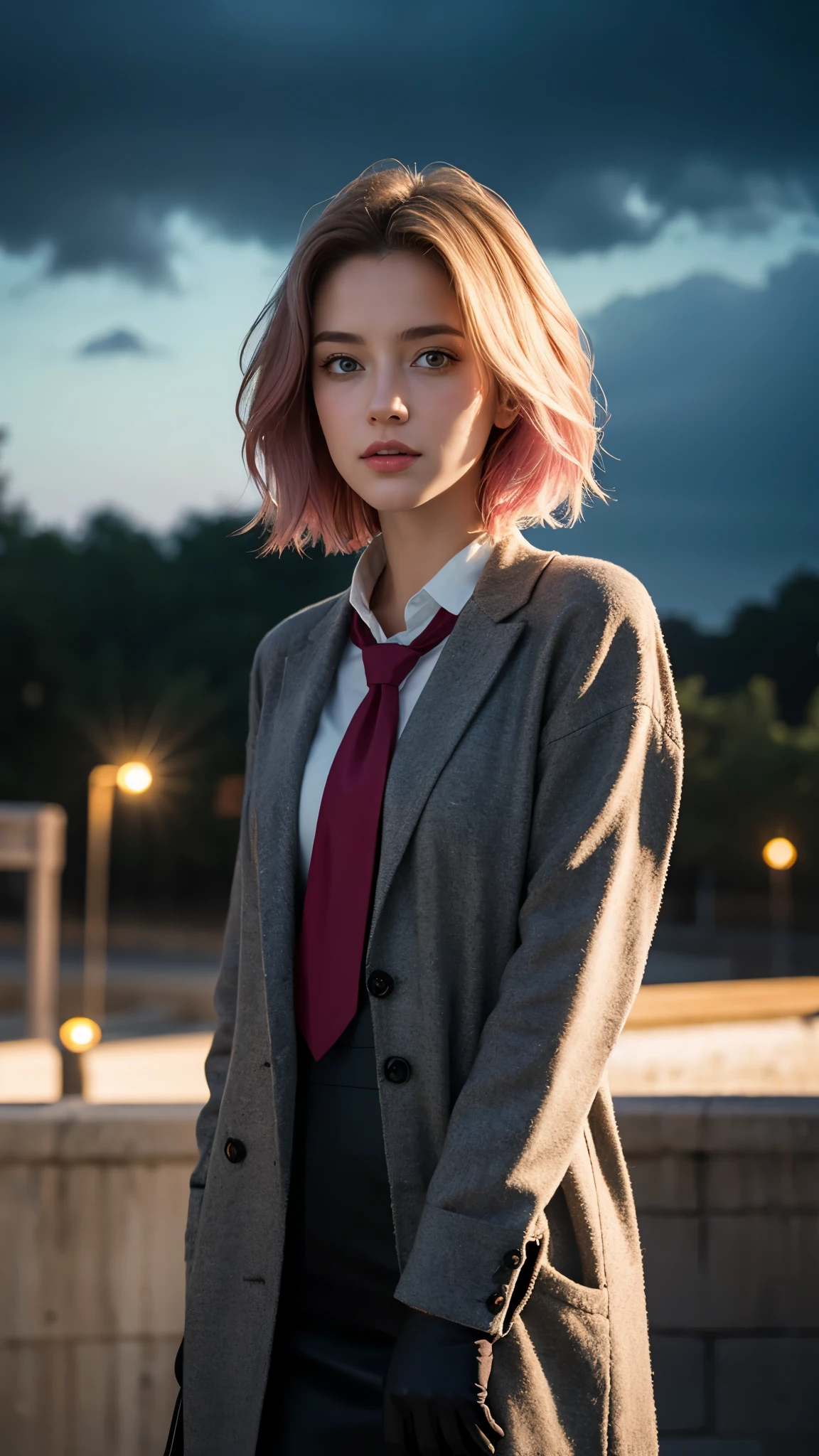 1 girl, casual clothes, princess, tie, gloves, outdoor, sky, full moon, rain, pink hair, forehead showing, short hair, blue eyes, standing, night sky, sideways, reflection, long hair, overcast sky, {{(art teacher) , (extremely detailed CG unit 8k wallpaper), best quality, solo, 1 girl, cinematic lighting, detailed background, beautiful detailed eyes,  bright pupils (extremely delicate and beautiful), (beautiful and detailed description of the eye) , ultra detailed, masterpiece,}},