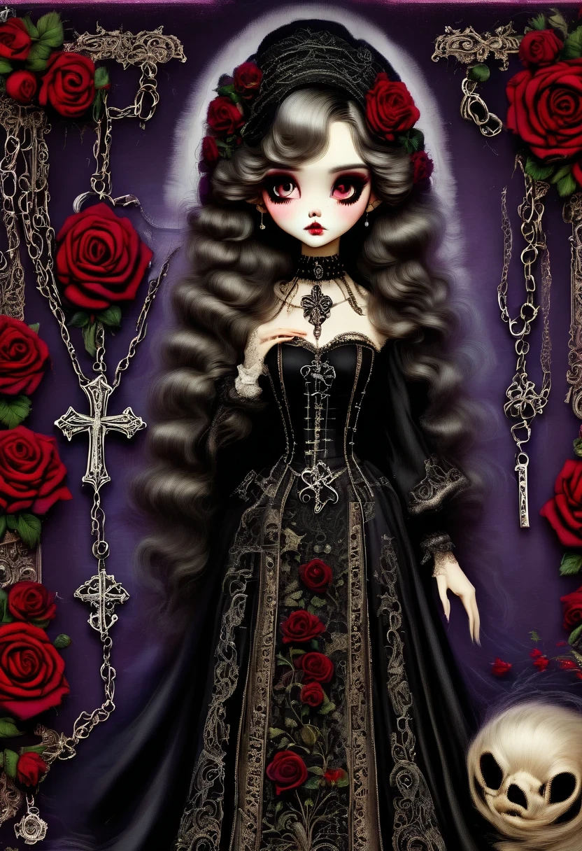 Gothic character design sheet,Scary dolls,Red or dark purple lace、Embroidery and other decorations。She was wearing a long black coat and a tight skirt,Show elegant and mysterious temperament。Wearing a silver cross、chain etc..,old magic book,Romantic roses,