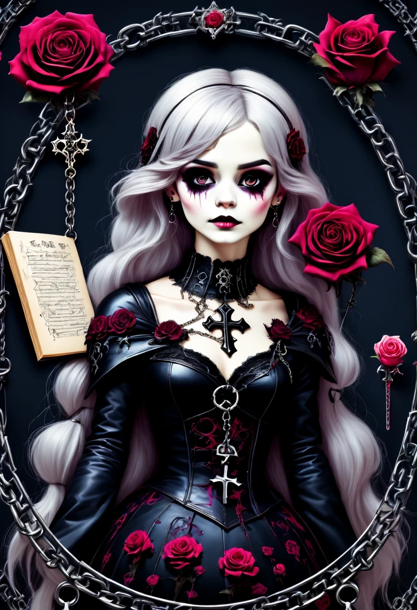 (Gothic character design sheet:1.5)，English text，Magic book，Romantic roses，silver cross、chain，Lightning magic,Scary dolls