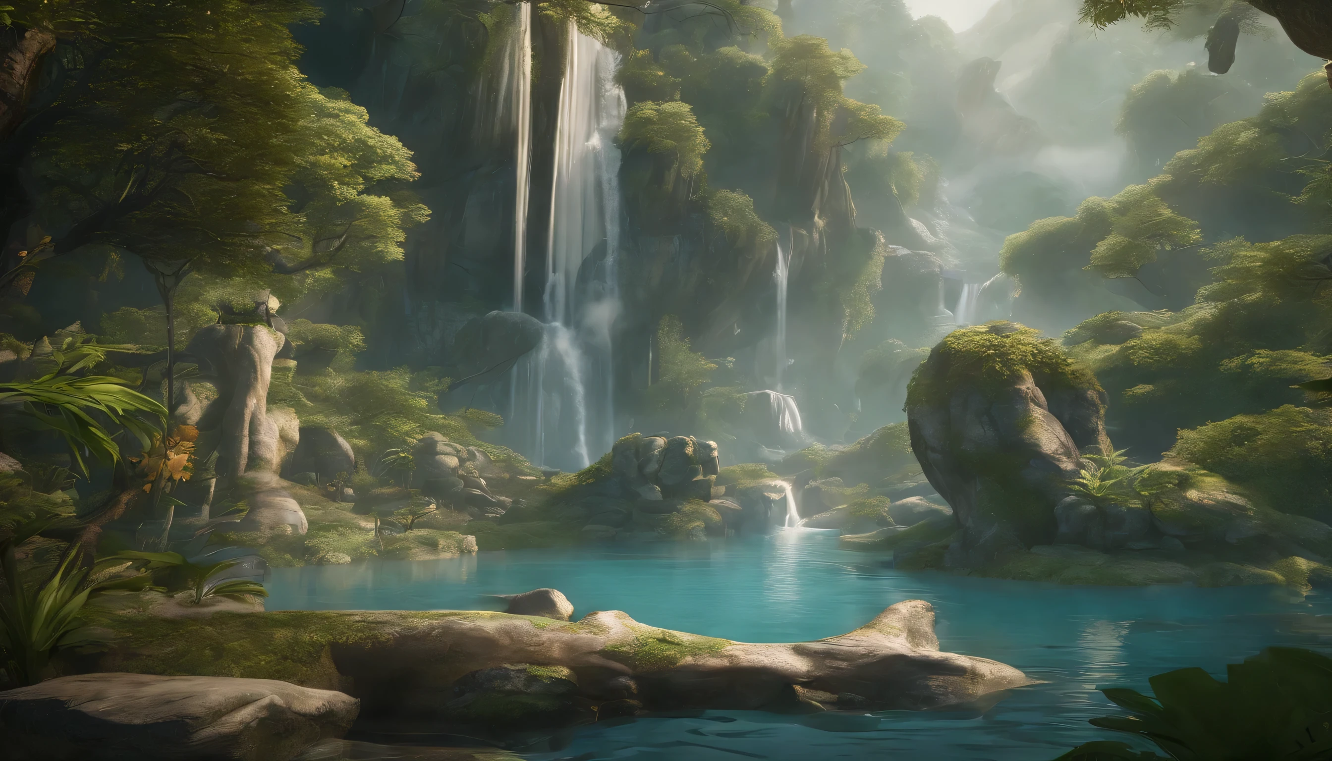 Chinese ancient times, spring, jungle, lake, cave, waterfall, tree, meadow, rock, deer, hot spring, water vapor, (illustration: 1.0), epic composition, realistic lighting, HD details, masterpiece, best quality, (very detailed CG unified 8k wallpaper)