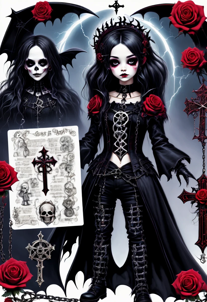 (Gothic character design sheet:1.5),English text,Magic book,Romantic roses,silver cross、chain,Lightning magic,Scary dolls