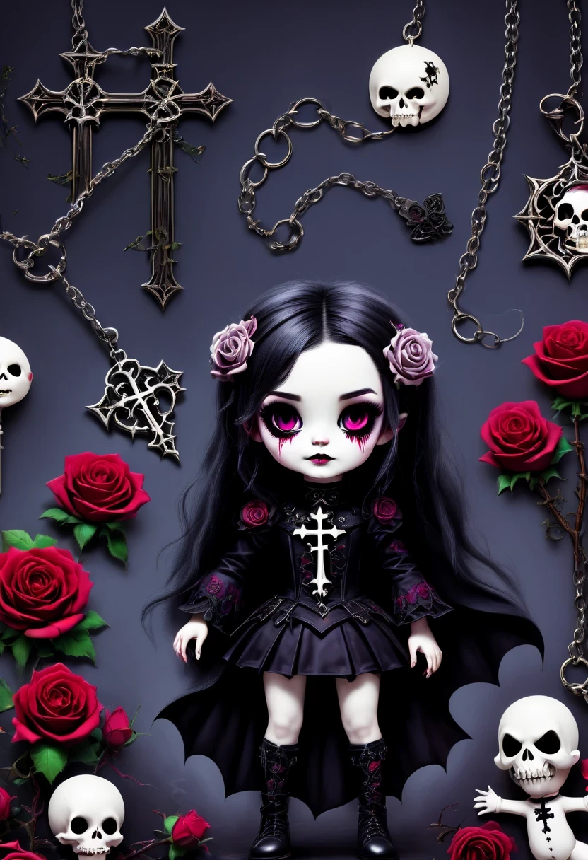 (Gothic character design sheet:1.5),English text,Magic book,Romantic roses,silver cross、chain,Lightning magic,Scary dolls