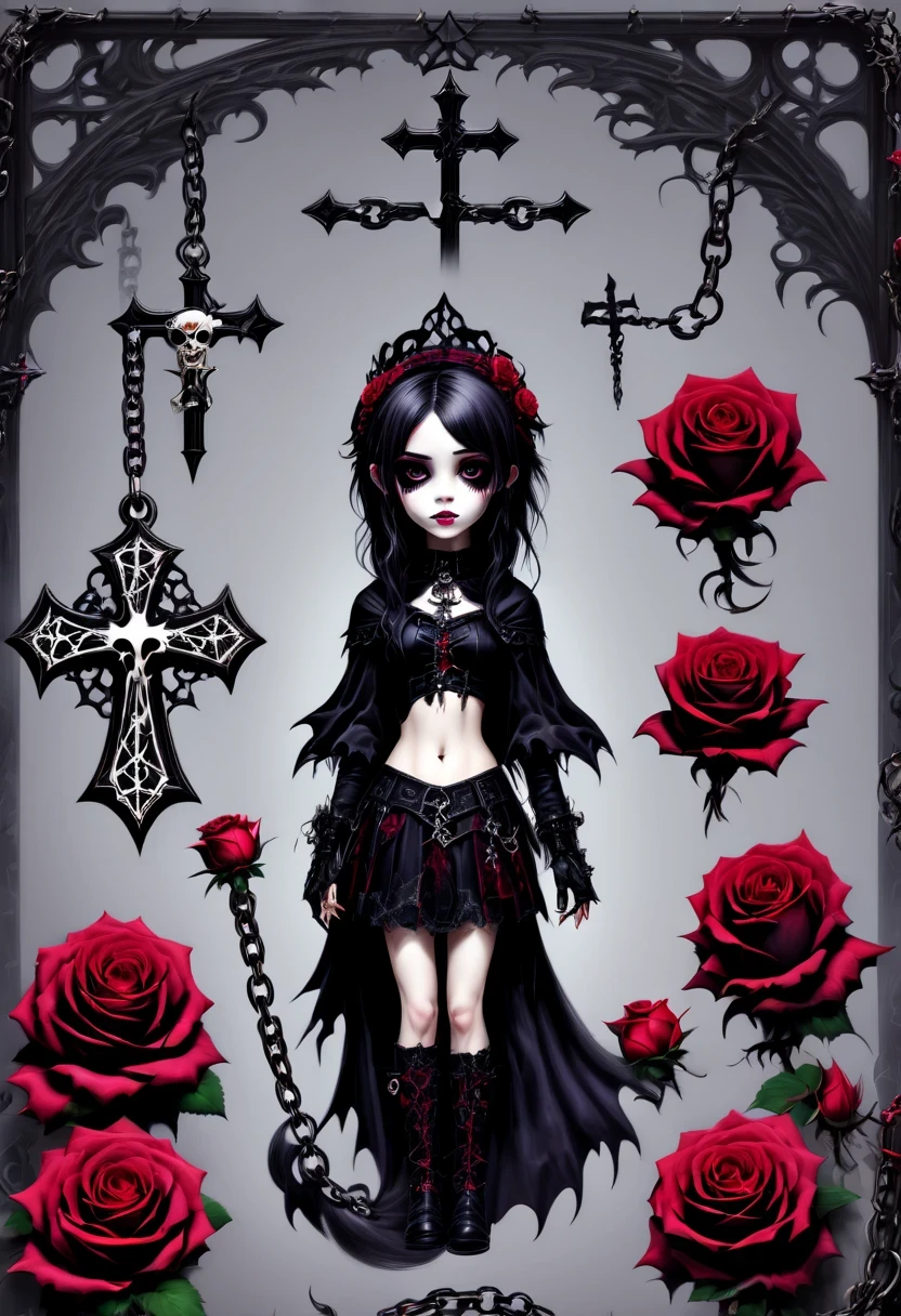 (Gothic character design sheet:1.5),English text,Magic book,Romantic roses,silver cross、chain,Lightning magic,Scary dolls
