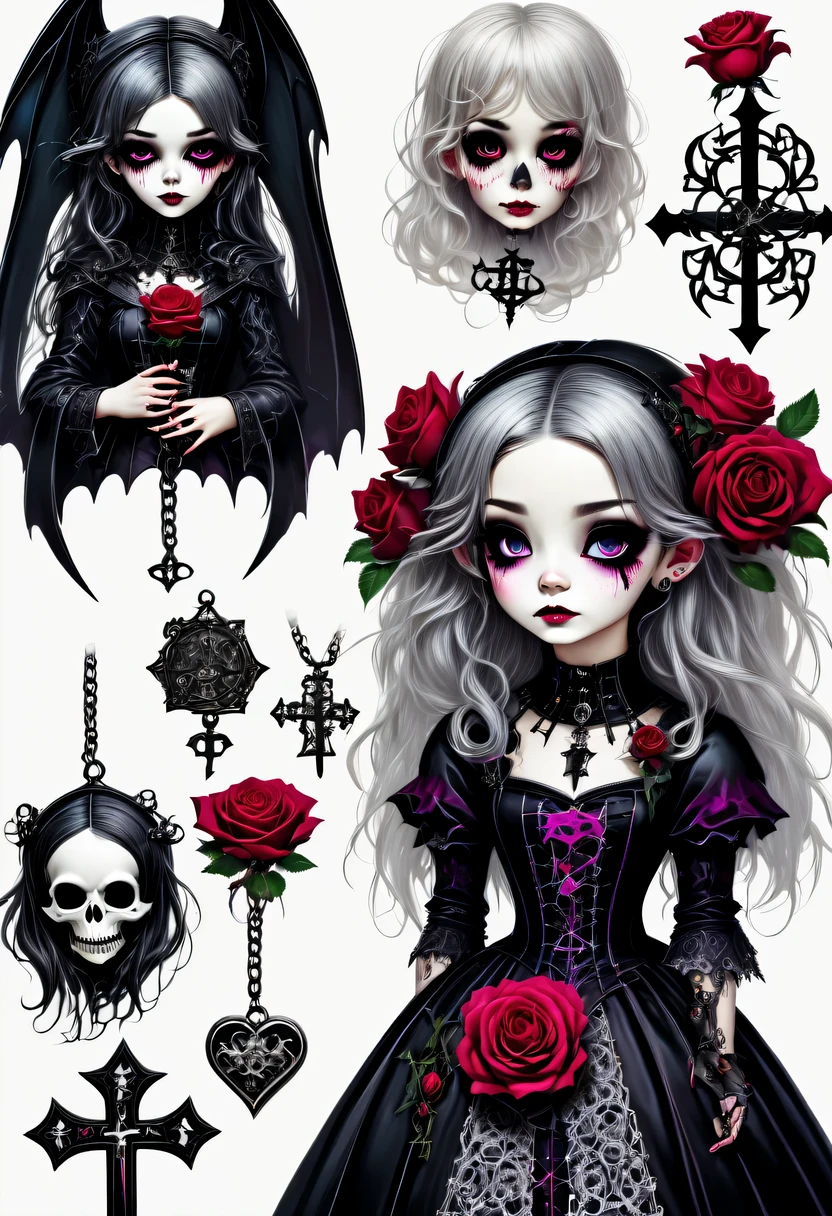 (Gothic character design sheet:1.5),English text,Magic book,Romantic roses,silver cross、chain,Lightning magic,Scary dolls
