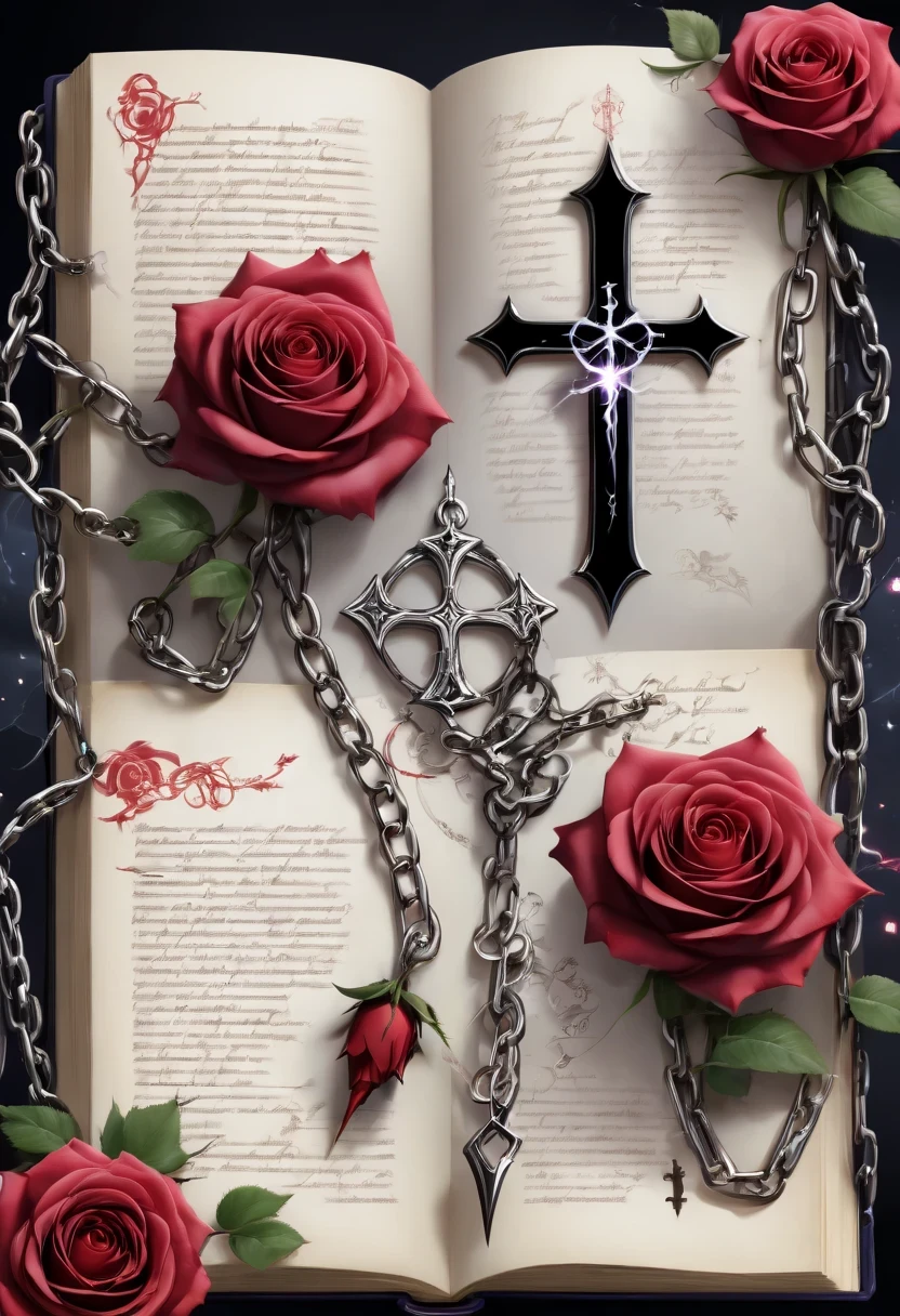 Gothic character design sheet,English text,Magic book,Romantic roses,silver cross、chain,Lightning magic