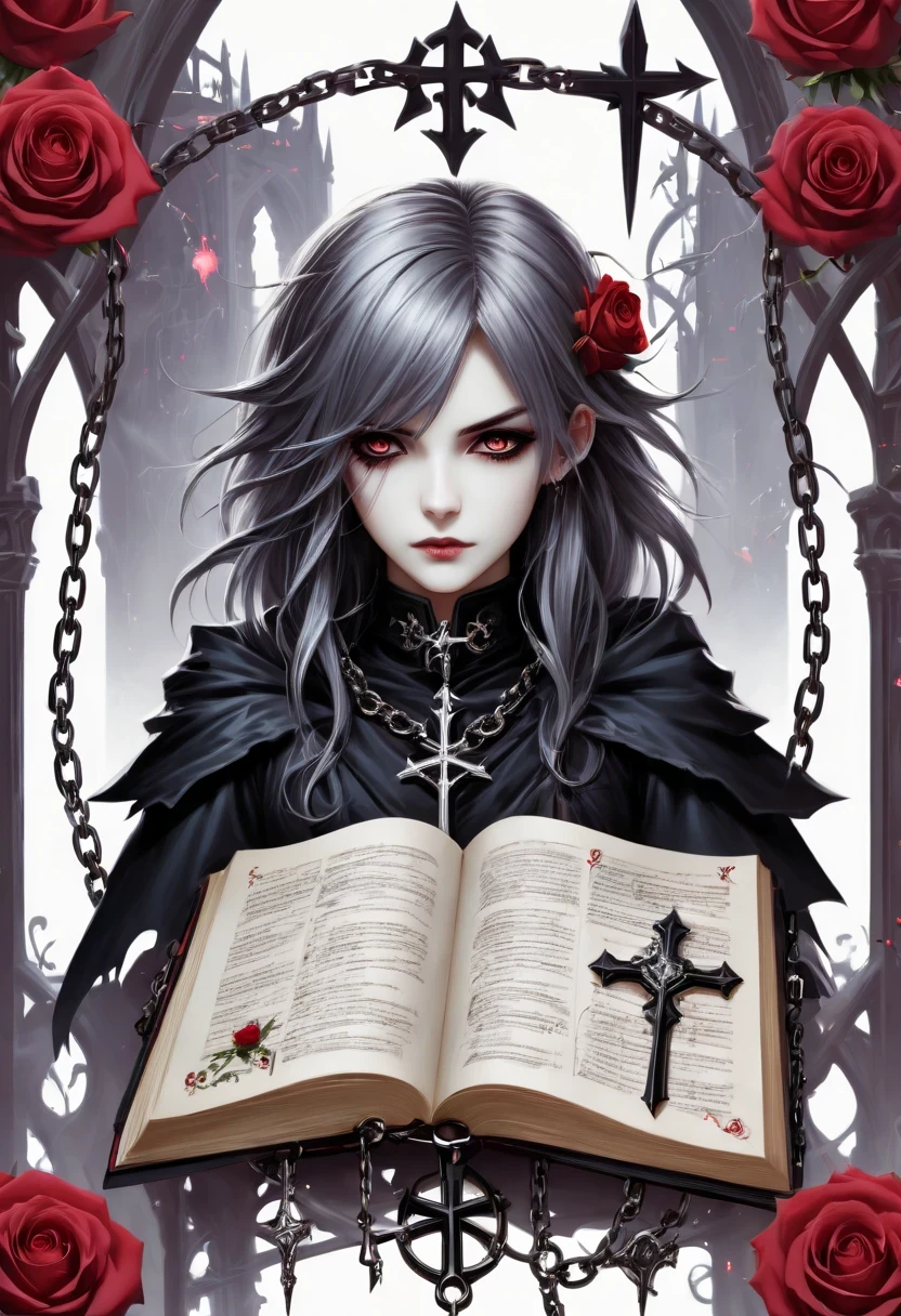 Gothic character design sheet,English text,Magic book,Romantic roses,silver cross、chain,Lightning magic
