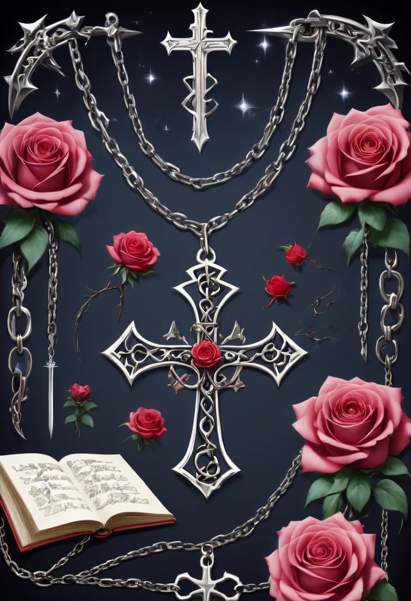 Gothic character design sheet,English text,Magic book,Romantic roses,silver cross、chain,Lightning magic