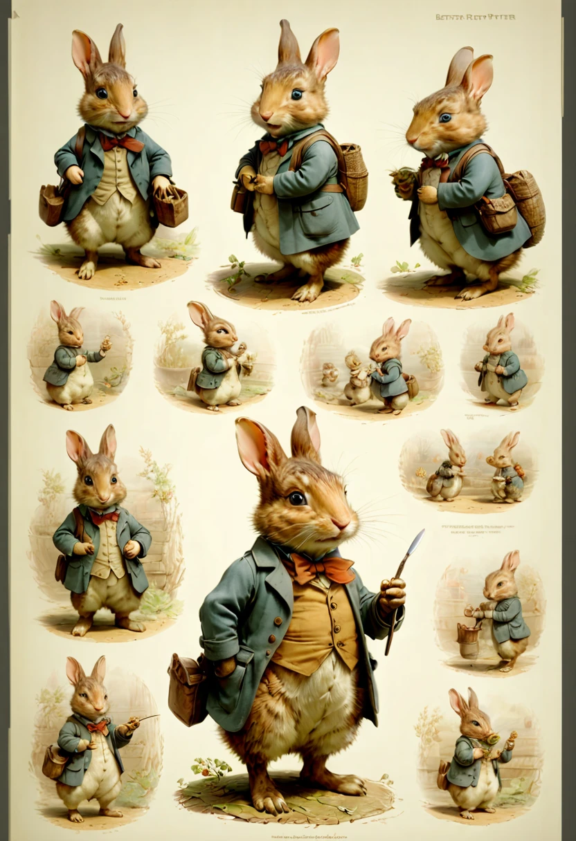 character design sheet, by Beatrix Potter, (best quality, masterpiece, Representative work, official art, Professional, Ultra intricate detailed, 8k:1.3)