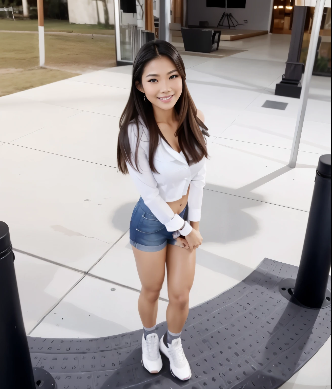 Young Thai woman, Fit physique, fitness physique, portant de la lingerie noire sexy, watch on the canapé, les jambes ouvertes, corps sexy, (8K), (best quality), (chef-d&#39;artwork:1.3), (realistic), (Photorealistic:1.34), ultra-detailed, [Beautiful detailed eyes], (sourire), (sourire), (beautiful detailed nose), [cheveux blonds très longs], (haut court), lingerie noire, (superbes seins taille normale), (gros plan), profondeur de champ, full body view, sitting on the sofa, legs spread, montrant l&#39;entrejambe, pieds en l'air