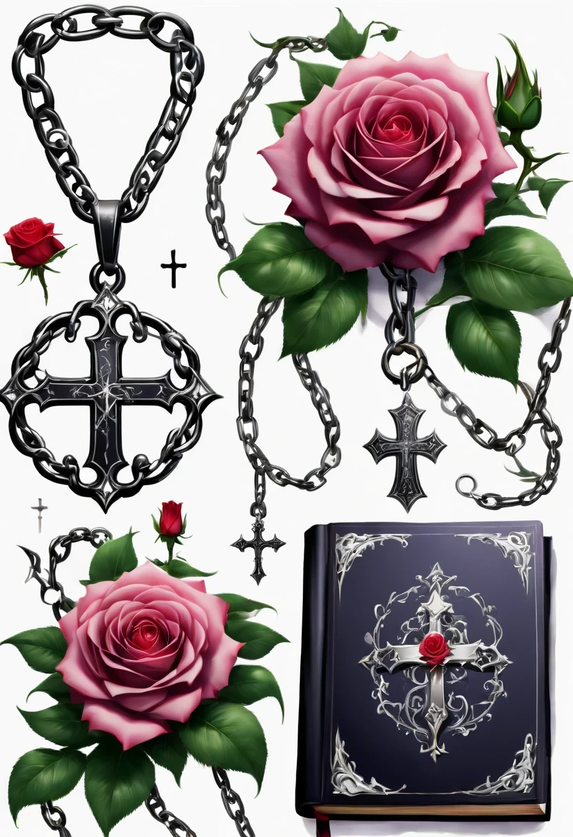 Gothic character design sheet,Character name:Magic book,Romantic roses,silver cross、chain