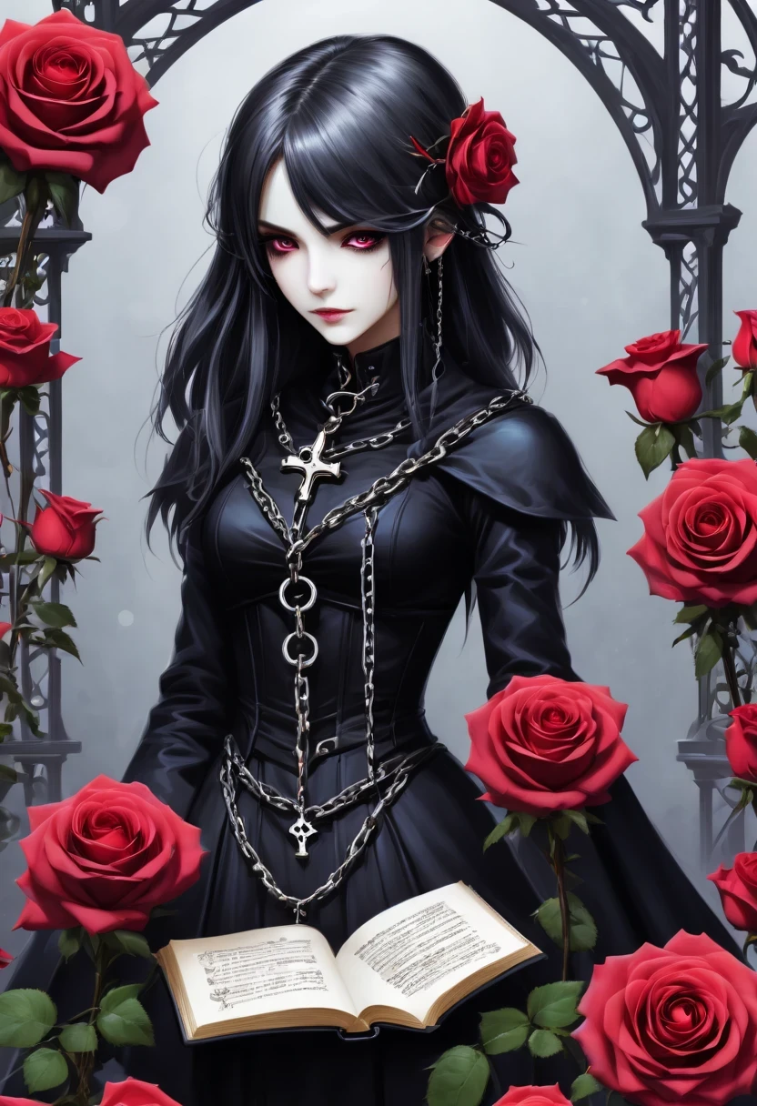 Gothic character design sheet,Character name:Magic book,Romantic roses,silver cross、chain