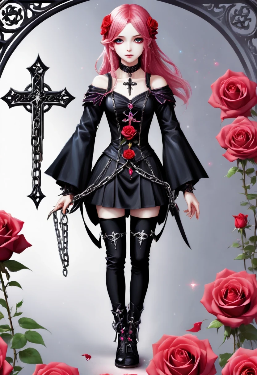 (Gothic character design sheet:1.5),Character name:Avril Lavigne.dark night,Wearing a silver cross、chain etc..,old magic book,Romantic roses,Red or dark purple lace、Embroidery and other decorations。She was wearing a long black coat and a tight skirt,Show elegant and mysterious temperament。Wearing a silver cross、chain etc..,old magic book,Romantic roses,