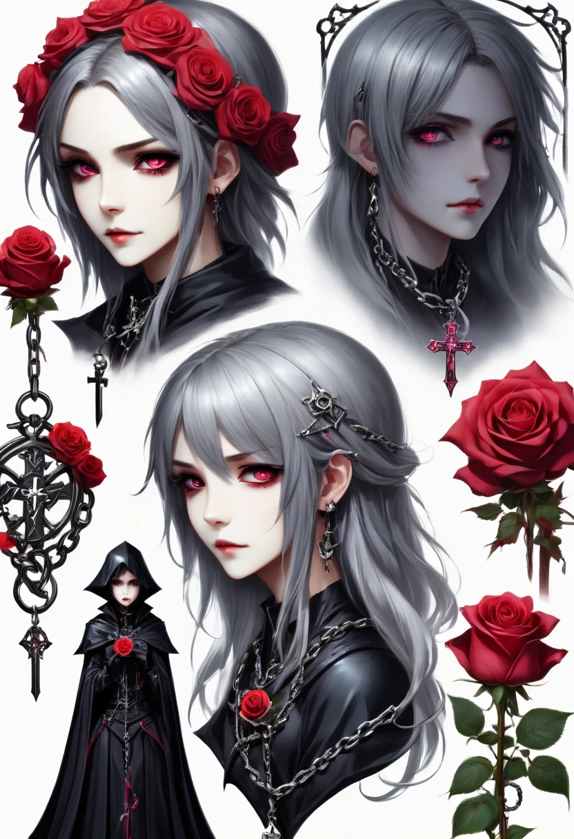 Gothic character design sheet，Character name:Magic book，Romantic roses，silver cross、chain