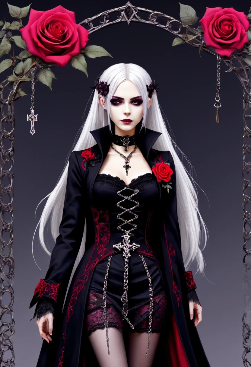 (Gothic character design sheet:1.5),Character name:Avril Lavigne.dark night,Wearing a silver cross、chain etc..,old magic book,Romantic roses,Red or dark purple lace、Embroidery and other decorations。She was wearing a long black coat and a tight skirt,Show elegant and mysterious temperament。Wearing a silver cross、chain etc..,old magic book,Romantic roses,