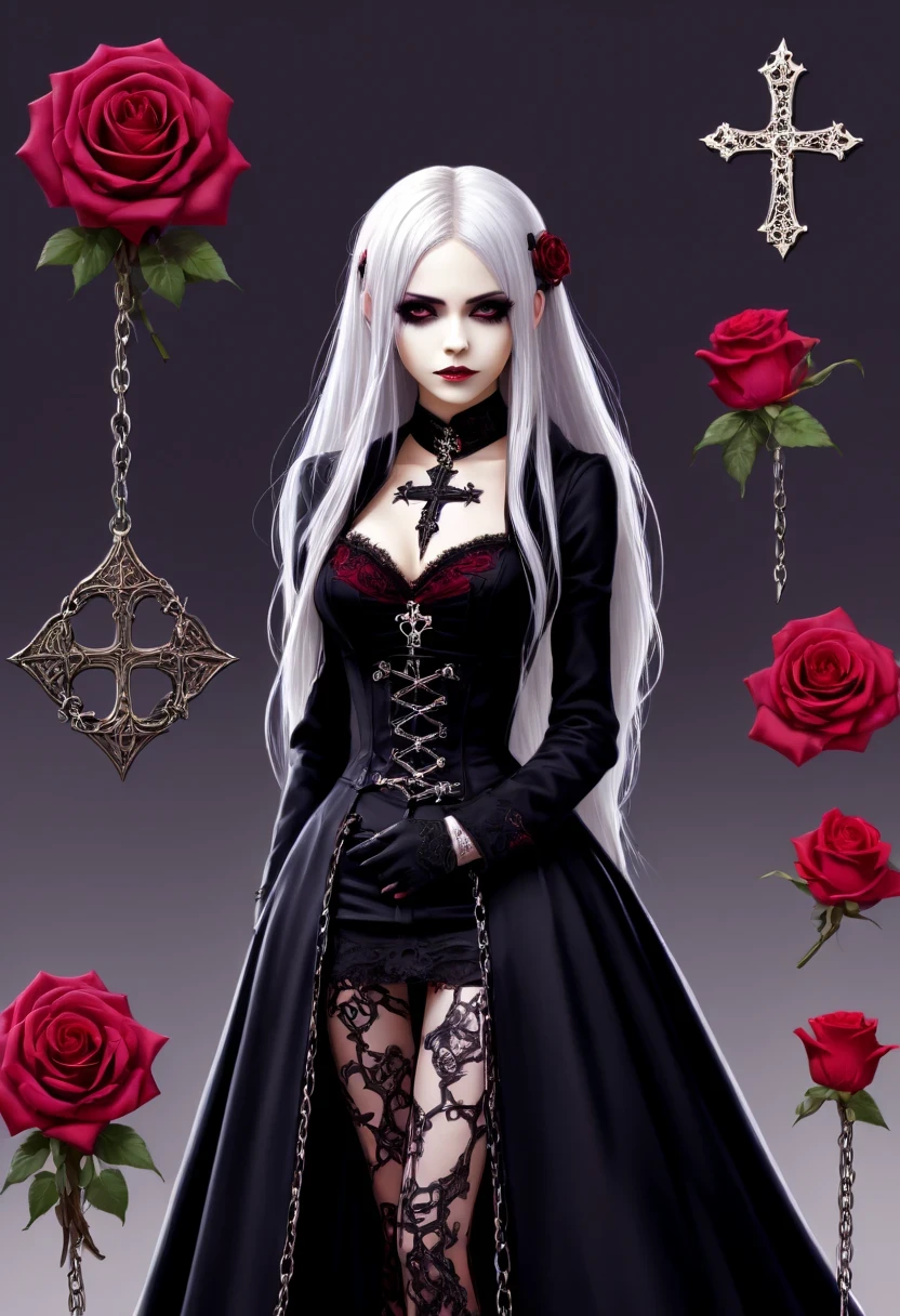 (Gothic character design sheet:1.5),Character name:Avril Lavigne.dark night,Wearing a silver cross、chain etc..,old magic book,Romantic roses,Red or dark purple lace、Embroidery and other decorations。She was wearing a long black coat and a tight skirt,Show elegant and mysterious temperament。Wearing a silver cross、chain etc..,old magic book,Romantic roses,