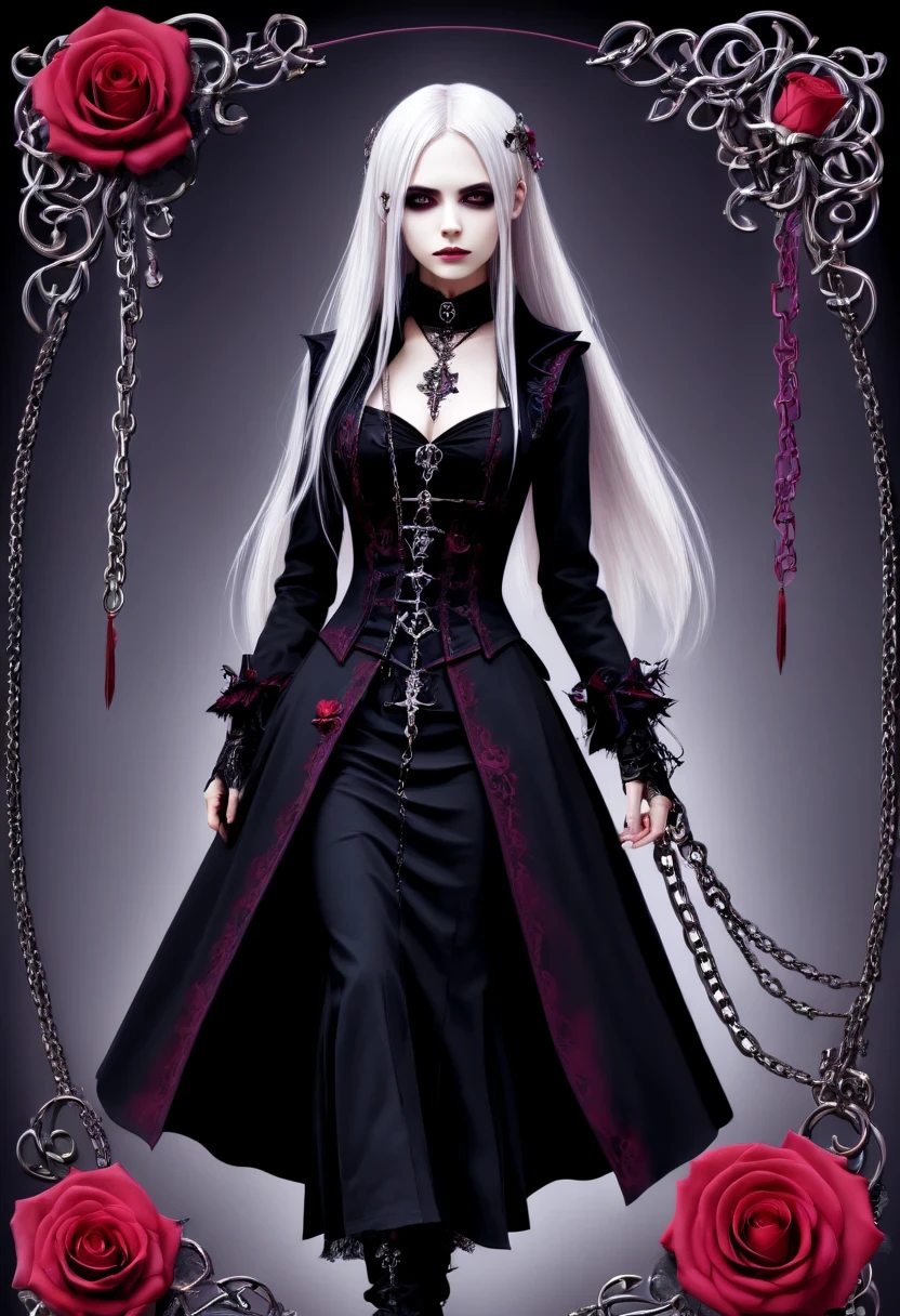 (Gothic character design sheet:1.5),Character name:Avril Lavigne.dark night,Wearing a silver cross、chain etc..,old magic book,Romantic roses,Red or dark purple lace、Embroidery and other decorations。She was wearing a long black coat and a tight skirt,Show elegant and mysterious temperament。Wearing a silver cross、chain etc..,old magic book,Romantic roses,