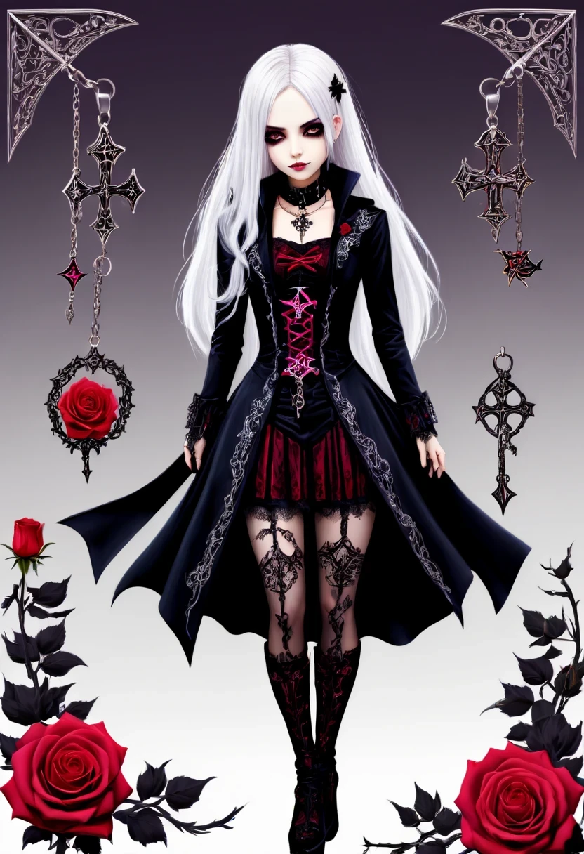 (Gothic character design sheet:1.5)，Character name:Avril Lavigne.dark night，Wearing a silver cross、chain etc..，old magic book，Romantic roses，Red or dark purple lace、Embroidery and other decorations。She was wearing a long black coat and a tight skirt，Show elegant and mysterious temperament。Wearing a silver cross、chain etc..，old magic book，Romantic roses，