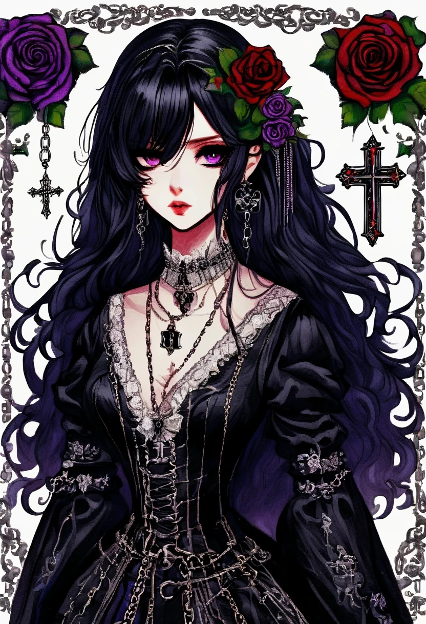 Gothic character design sheet，Character name:Avril Lavigne.dark night，18 years old，long black hair，purple eyes，Red or dark purple lace、Embroidery and other decorations。She was wearing a long black coat and a tight skirt，Show elegant and mysterious temperament。Wearing a silver cross、chain etc..，old magic book，Romantic roses，