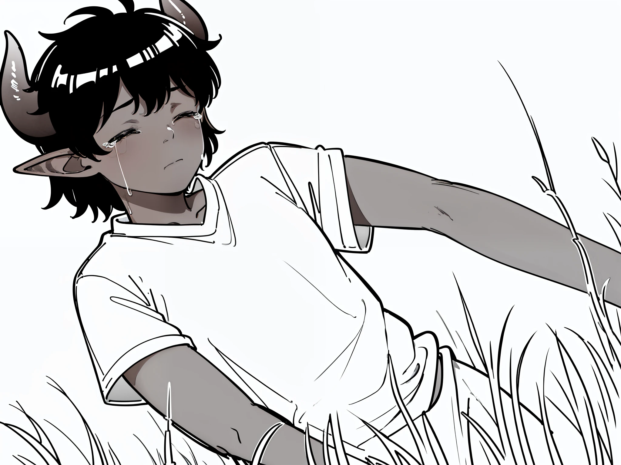 (1boy,,small),solo,((dark skin)),((white shirt,short sleeves,black hair,elf ears,(horns),(white background,line drawing),fell into the grass,closed eyes,crying,closed mouth,from front,portrait