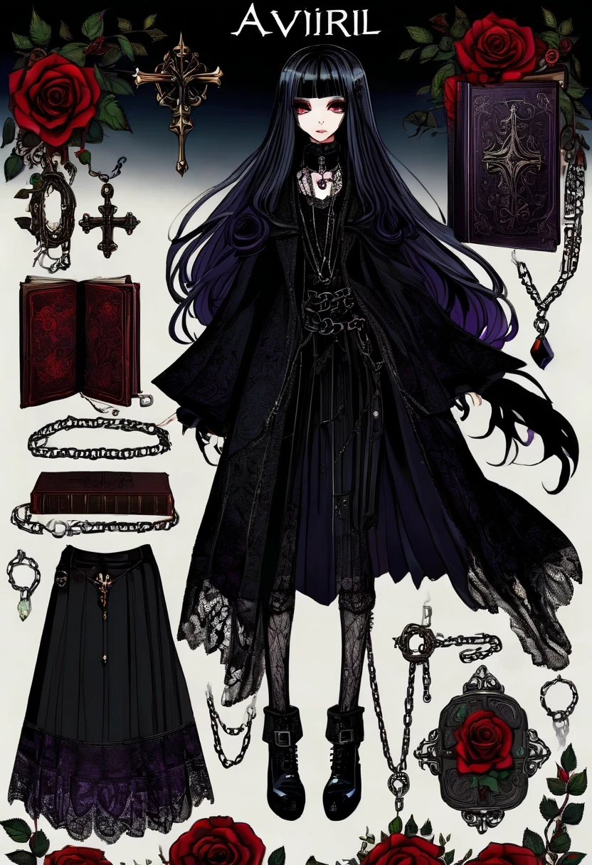 Gothic character design sheet，Character name:Avril Lavigne.dark night，18 years old，long black hair，purple eyes，Red or dark purple lace、Embroidery and other decorations。She was wearing a long black coat and a tight skirt，Show elegant and mysterious temperament。Wearing a silver cross、chain etc..，old magic book，Romantic roses，