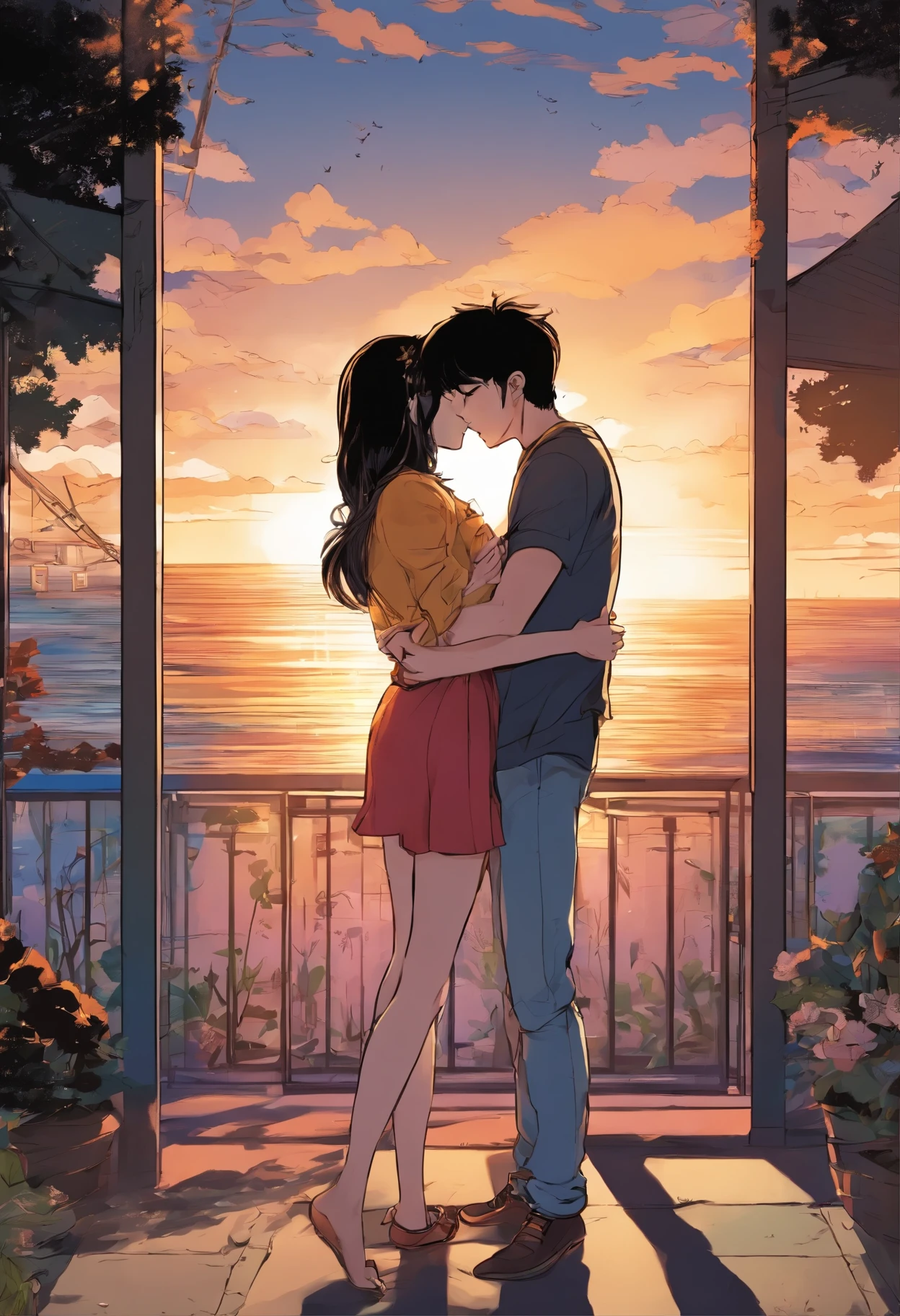 Korean manga male and female protagonists kiss hug at sunset in dark room