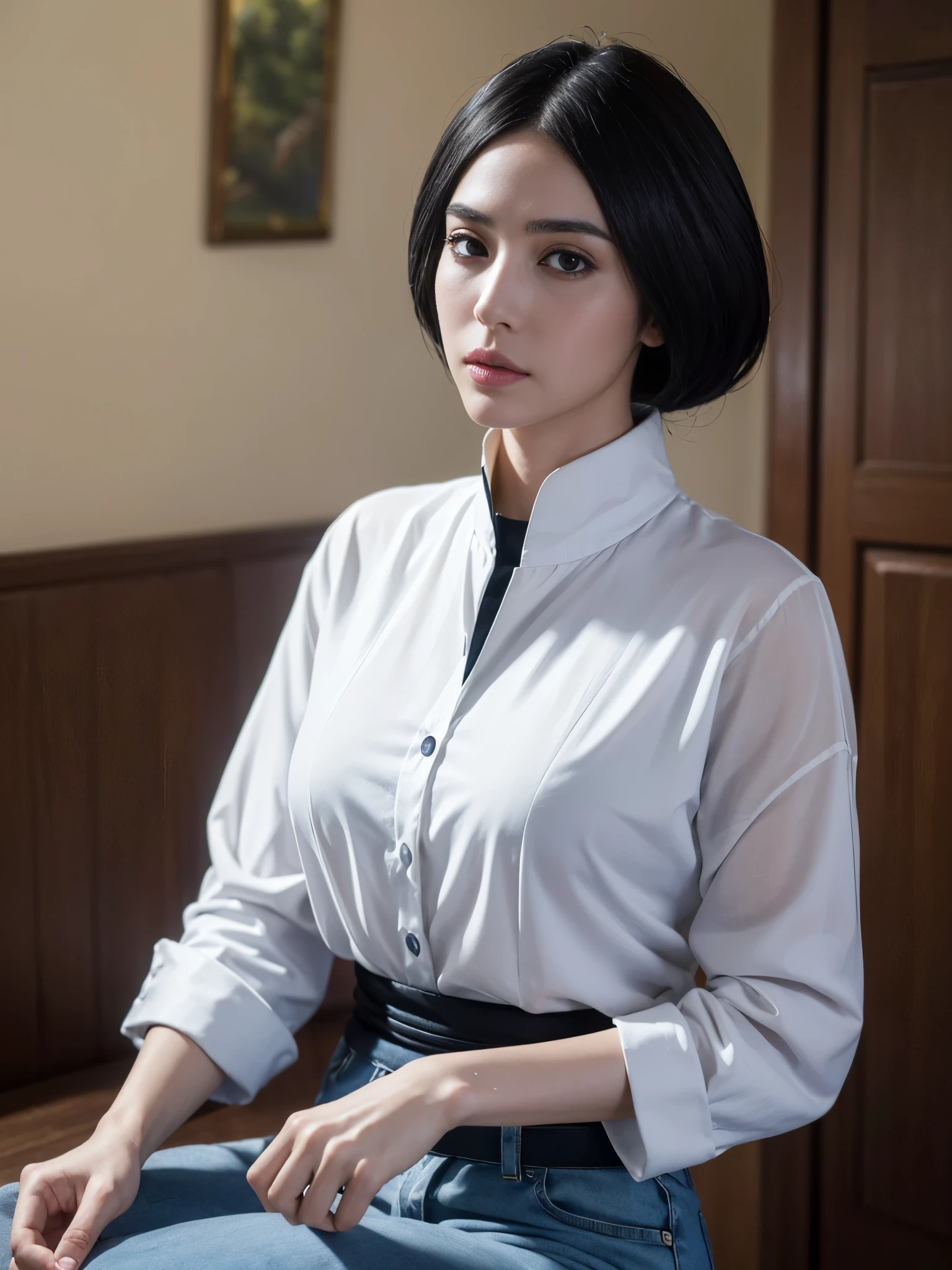 (best quality,4k,8k,highres,masterpiece:1.2),ultra-detailed,(realistic,photorealistic,photo-realistic:1.37),Unohana character,wonderful woman,slim and slim body,casual shirt,modern clothes.