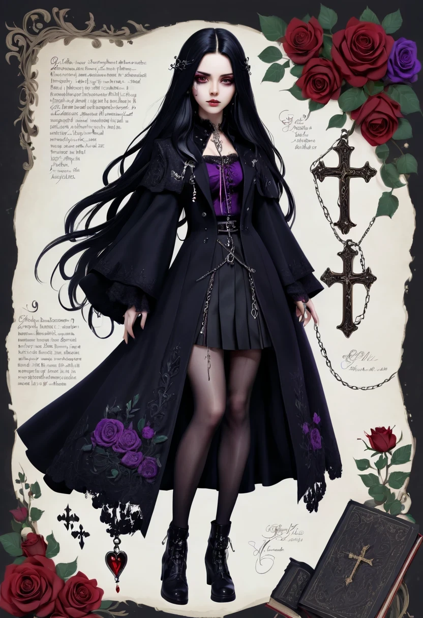 Gothic character design sheet，Character name:Avril Lavigne.dark night，18 years old，long black hair，purple eyes，Red or dark purple lace、Embroidery and other decorations。She was wearing a long black coat and a tight skirt，Show elegant and mysterious temperament。Wearing a silver cross、chain etc..，old magic book，Romantic roses，