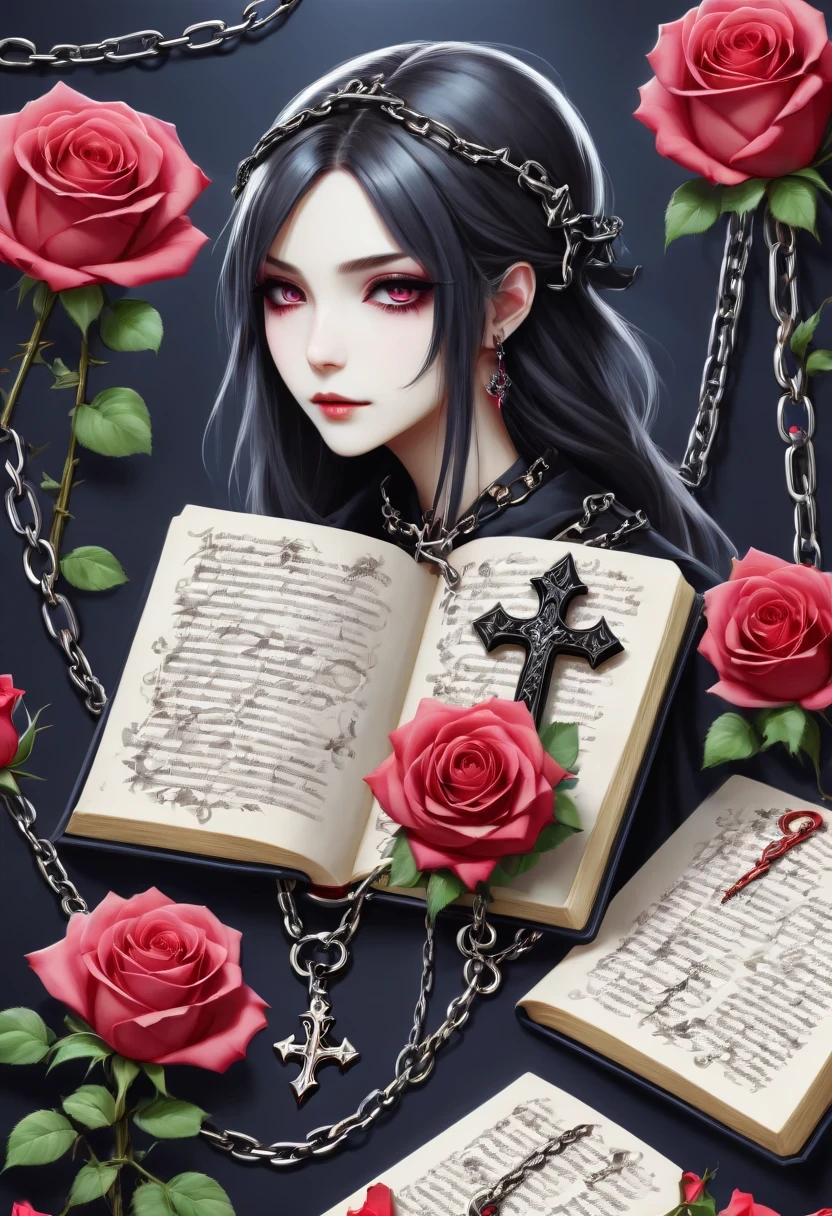 Gothic character design sheet，Character name:Magic book，Romantic roses，silver cross、chain