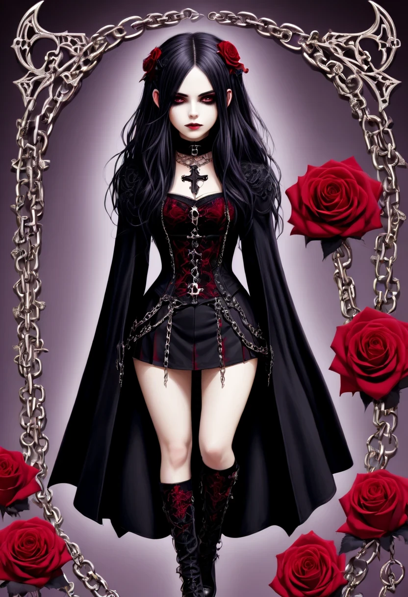 (Gothic character design sheet:1.5),Character name:Avril Lavigne.dark night,Wearing a silver cross、chain etc..,old magic book,Romantic roses,Red or dark purple lace、Embroidery and other decorations。She was wearing a long black coat and a tight skirt,Show elegant and mysterious temperament。Wearing a silver cross、chain etc..,old magic book,Romantic roses,