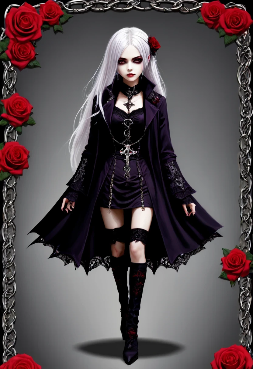(Gothic character design sheet:1.5),Character name:Avril Lavigne.dark night,Wearing a silver cross、chain etc..,old magic book,Romantic roses,Red or dark purple lace、Embroidery and other decorations。She was wearing a long black coat and a tight skirt,Show elegant and mysterious temperament。Wearing a silver cross、chain etc..,old magic book,Romantic roses,