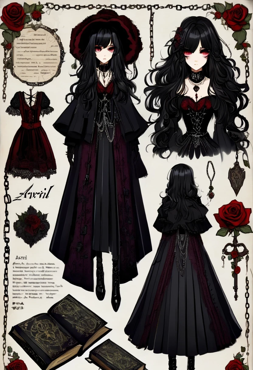 Gothic character design sheet,Character name:Avril Lavigne.dark night,18 years old,long black hair,purple eyes,Red or dark purple lace、Embroidery and other decorations。She was wearing a long black coat and a tight skirt,Show elegant and mysterious temperament。Wearing a silver cross、chain etc..,old magic book,Romantic roses,