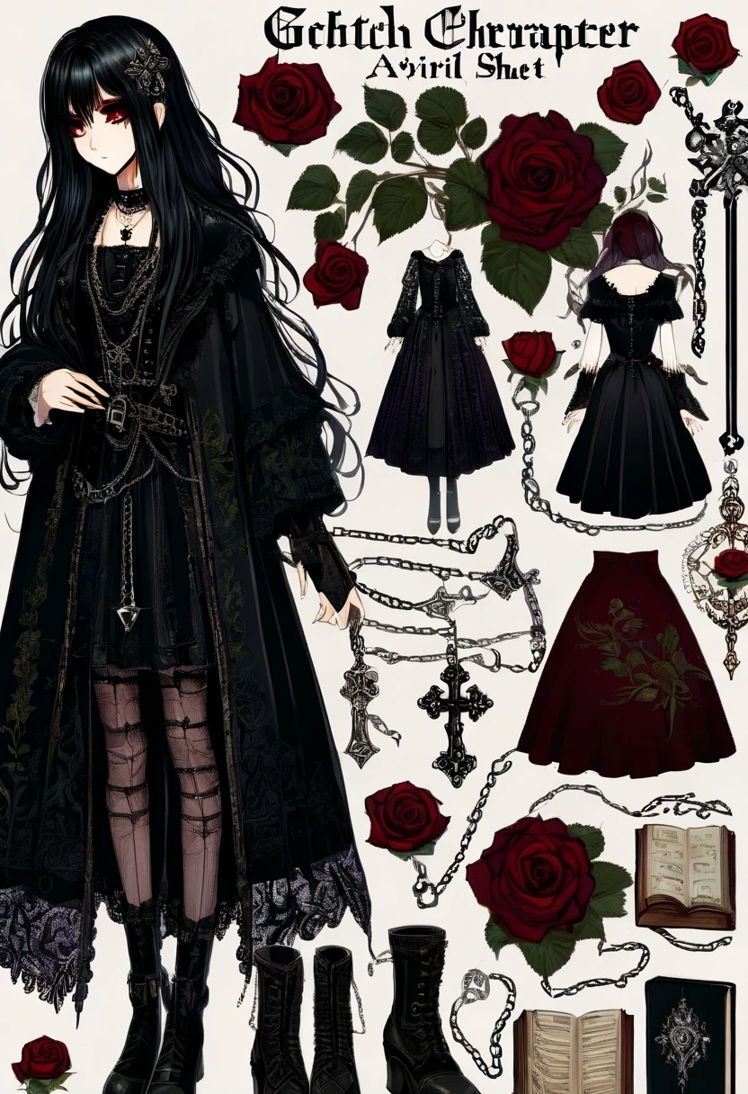 Gothic character design sheet，Character name:Avril Lavigne.dark night，18 years old，long black hair，purple eyes，Red or dark purple lace、Embroidery and other decorations。She was wearing a long black coat and a tight skirt，Show elegant and mysterious temperament。Wearing a silver cross、chain etc..，old magic book，Romantic roses，