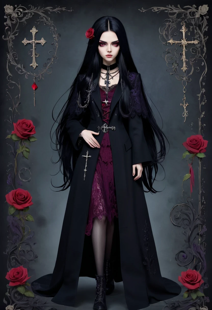 Gothic character design sheet,Character name:Avril Lavigne.dark night,18 years old,long black hair,purple eyes,Red or dark purple lace、Embroidery and other decorations。She was wearing a long black coat and a tight skirt,Show elegant and mysterious temperament。Wearing a silver cross、chain etc..,old magic book,Romantic roses,