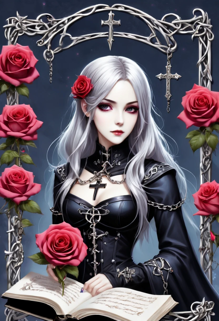 Gothic character design sheet，Character name:Magic book，Romantic roses，silver cross、chain