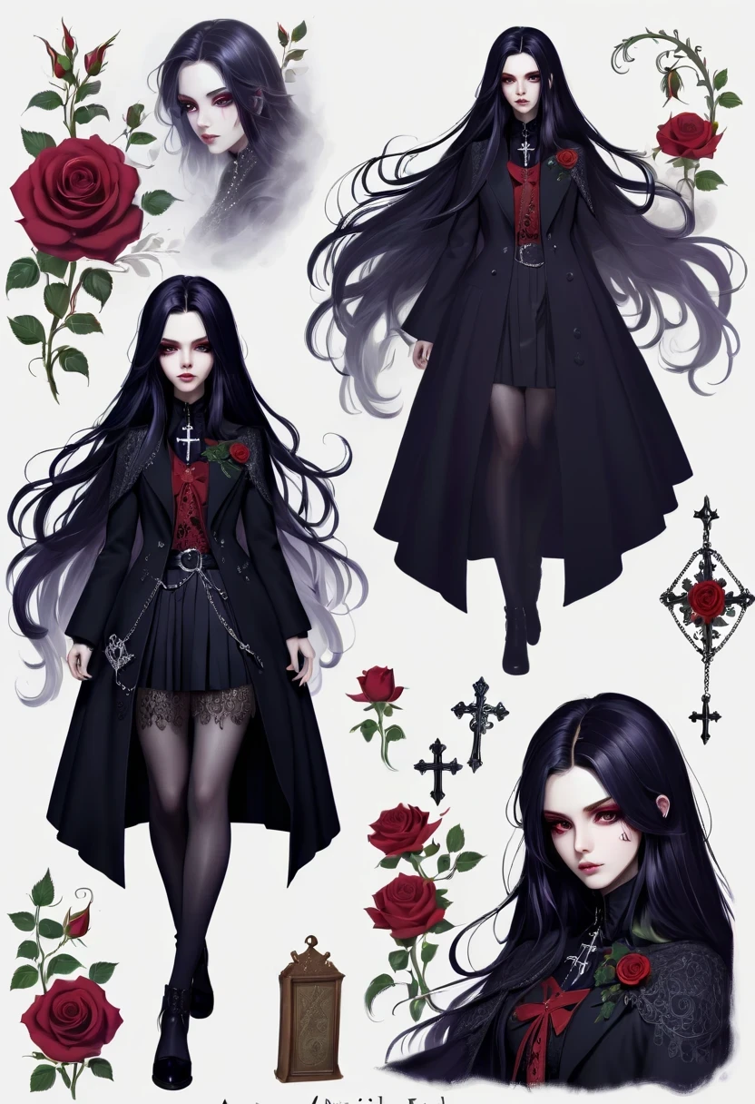 Gothic character design sheet，Character name:Avril Lavigne.dark night，18 years old，long black hair，purple eyes，Red or dark purple lace、Embroidery and other decorations。She was wearing a long black coat and a tight skirt，Show elegant and mysterious temperament。Wearing a silver cross、chain etc..，old magic book，Romantic roses，