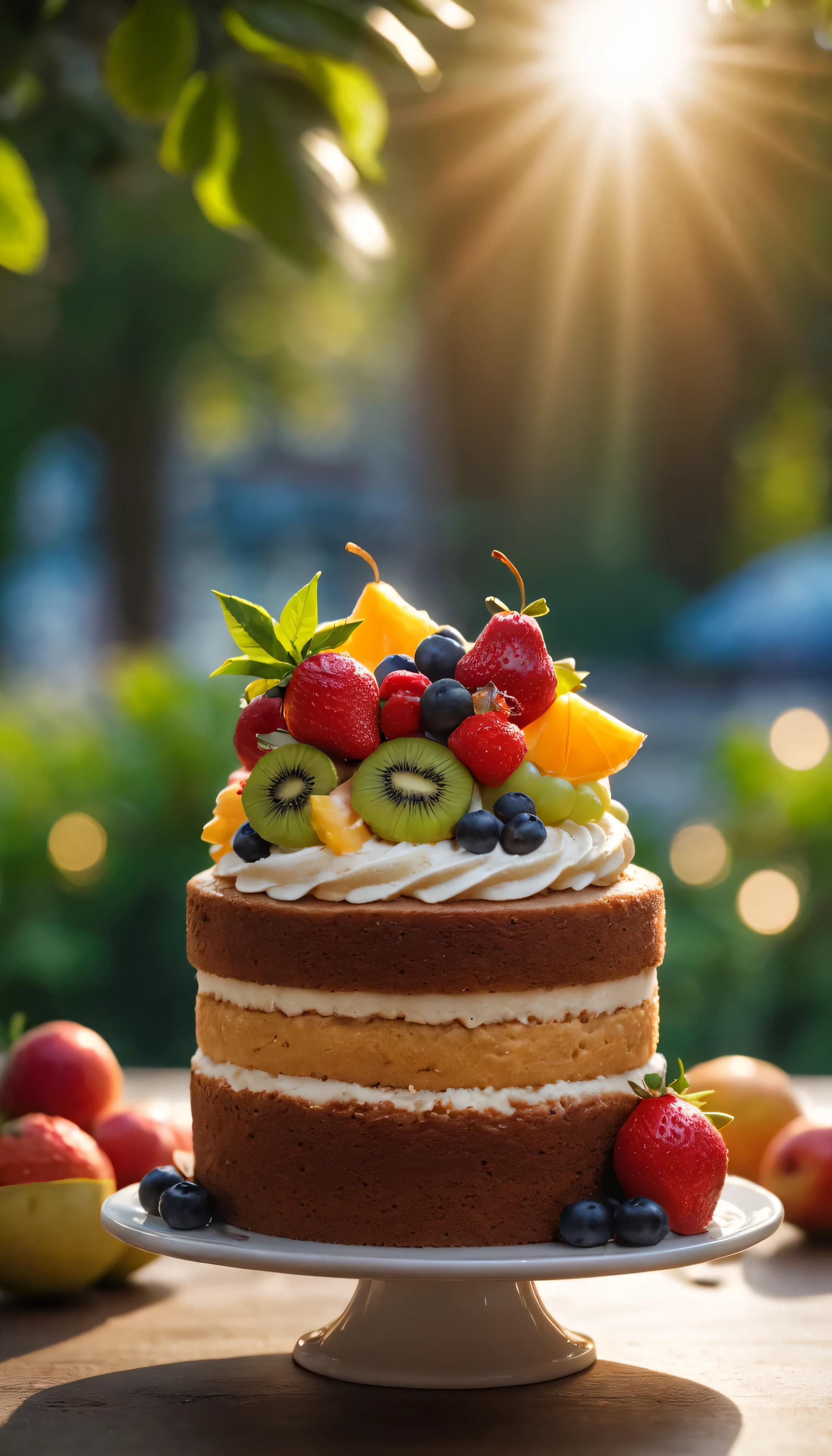 Beautiful and exquisite one tier birthday cake:1.4,fresh fruits. lifelike, tasty.Fresh and bright light and shadow.bokeh background.leave a space.No text.(best quality,4k,8k,high resolution,masterpiece:1.2),super detailed,(actual,photoactual,photo-actual:1.37),anatomically correct.Perfect composition and texture.coffee cup with clear foreground