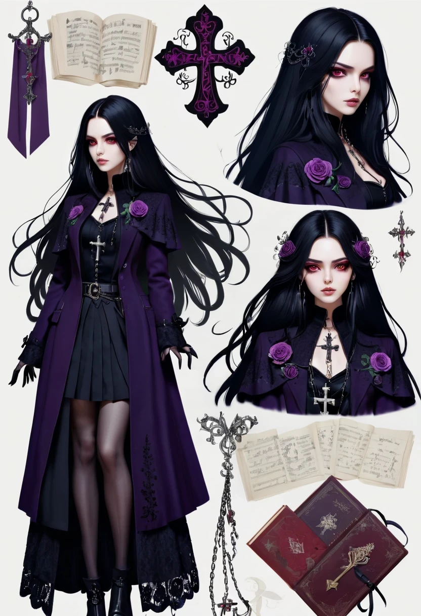 Gothic character design sheet，Character name:Avril Lavigne.dark night，18 years old，long black hair，purple eyes，Red or dark purple lace、Embroidery and other decorations。She was wearing a long black coat and a tight skirt，Show elegant and mysterious temperament。Wearing a silver cross、chain etc..，old magic book，Romantic roses，