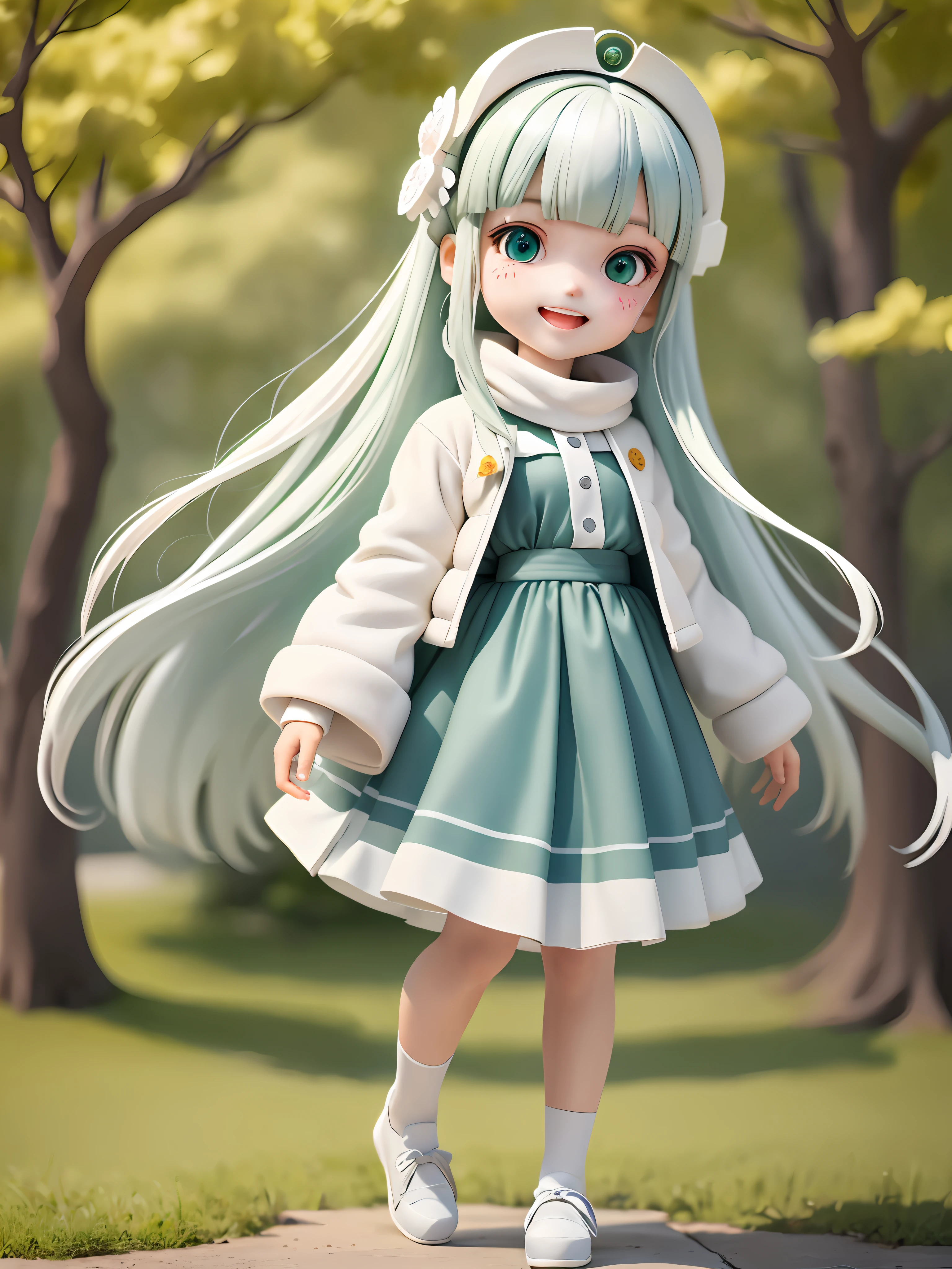 (masterpiece), (extreme), (Super detailed), (main: 1.9), 1 girl, Sunlight, Lovely, white, (Big head: 1.8), toy doll, Smile, open mouth, Urban, Fashion, coat, blush, tree, shirt, long hair, green, white Headdress, Ooth, long sleeves, Bangs, white Hair, (Beautiful and delicate face), (beautiful and delicate eyes),
