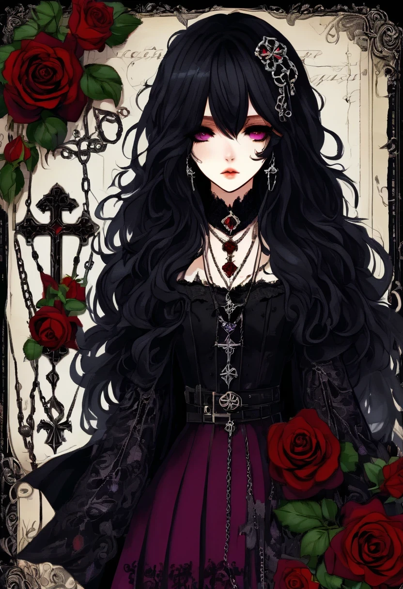 Gothic character design sheet，Character name:Avril Lavigne.dark night，18 years old，long black hair，purple eyes，Red or dark purple lace、Embroidery and other decorations。She was wearing a long black coat and a tight skirt，Show elegant and mysterious temperament。Wearing a silver cross、chain etc..，old magic book，Romantic roses，