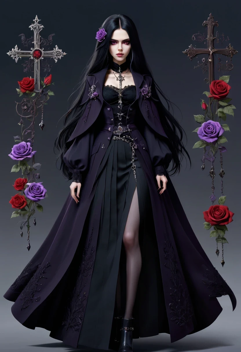 Gothic character design sheet，Character name:Avril Lavigne.dark night，18 years old，long black hair，purple eyes，Red or dark purple lace、Embroidery and other decorations。She was wearing a long black coat and a tight skirt，Show elegant and mysterious temperament。Wearing a silver cross、chain etc..，old magic book，Romantic roses，