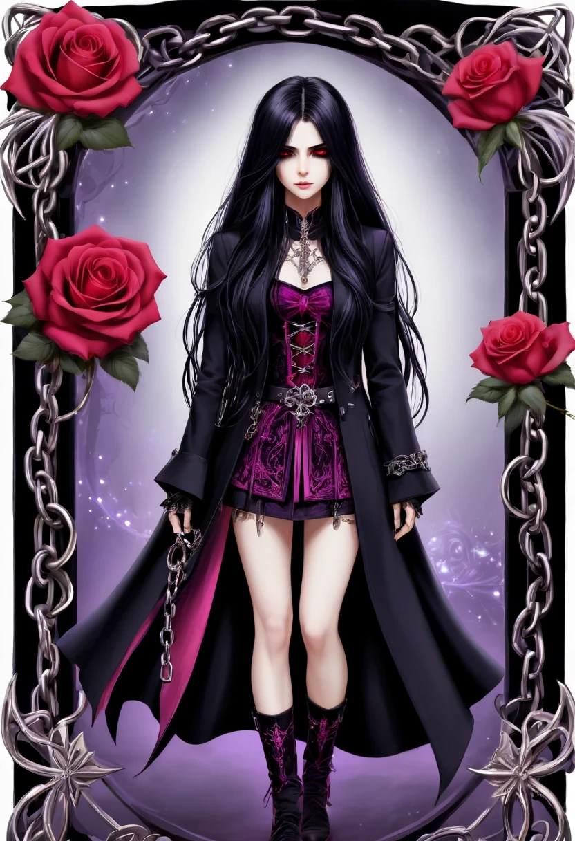 Gothic character design sheet,Character name:Avril Lavigne.dark night,18 years old,long black hair,purple eyes,Red or dark purple lace、Embroidery and other decorations。She was wearing a long black coat and a tight skirt,Show elegant and mysterious temperament。Wearing a silver cross、chain etc..,old magic book,Romantic roses,