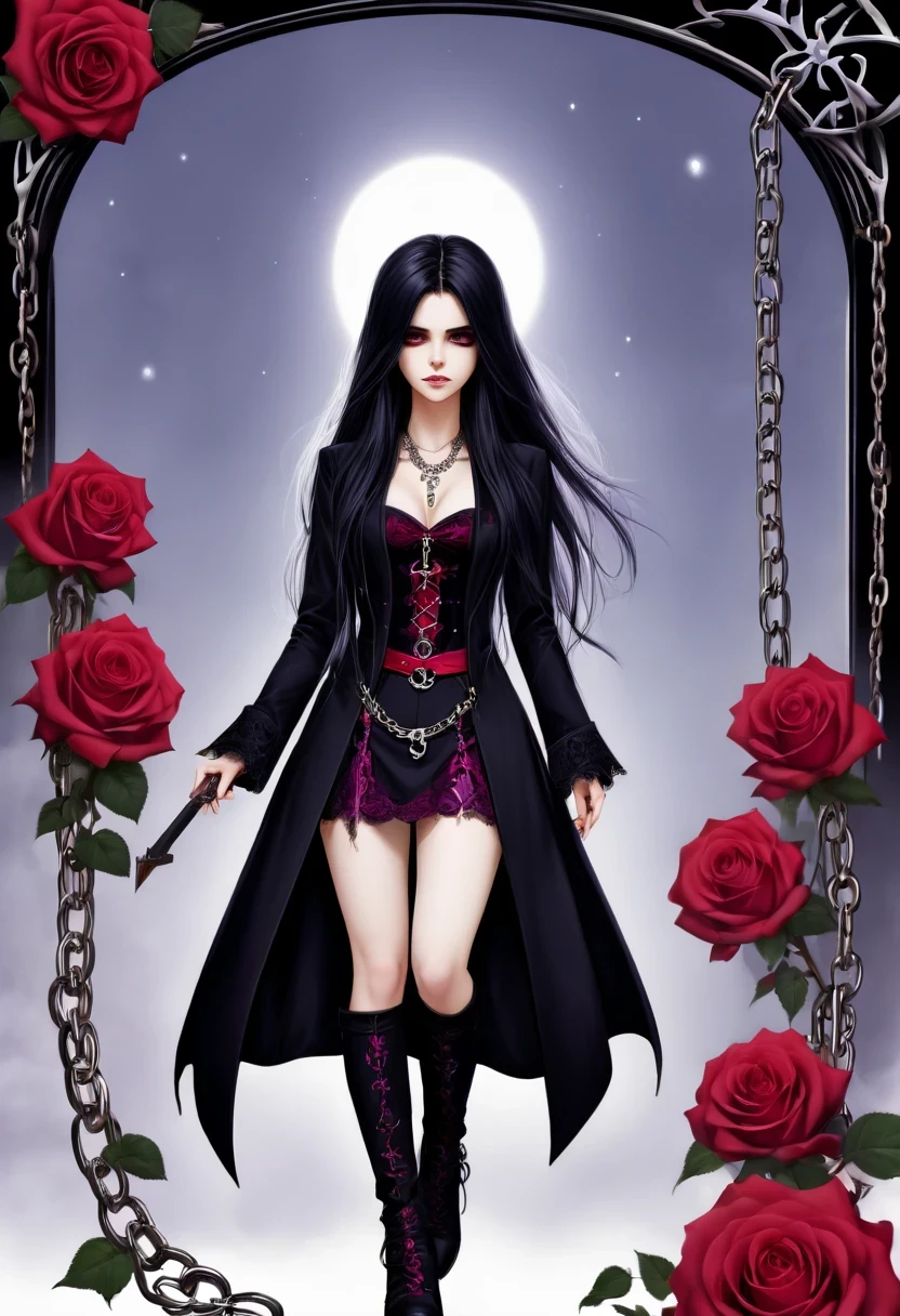 Gothic character design sheet,Character name:Avril Lavigne.dark night,18 years old,long black hair,purple eyes,Wearing a silver cross、chain etc..,old magic book,Romantic roses,Red or dark purple lace、Embroidery and other decorations。She was wearing a long black coat and a tight skirt,Show elegant and mysterious temperament。Wearing a silver cross、chain etc..,old magic book,Romantic roses,