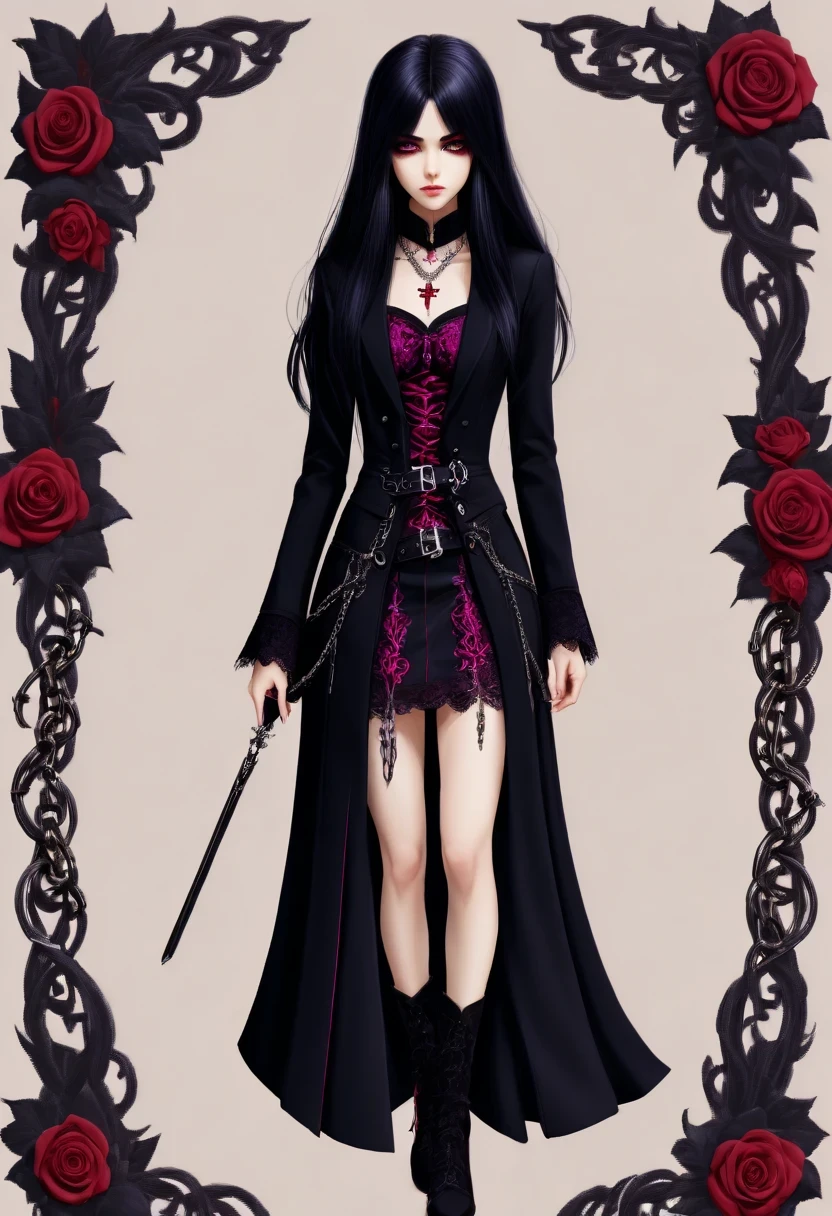 Gothic character design sheet,Character name:Avril Lavigne.dark night,18 years old,long black hair,purple eyes,Red or dark purple lace、Embroidery and other decorations。She was wearing a long black coat and a tight skirt,Show elegant and mysterious temperament。Wearing a silver cross、chain etc..,old magic book,Romantic roses,